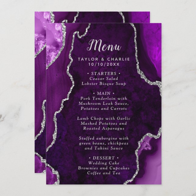 Purple and Silver Agate Marble Wedding Menu (Front/Back)
