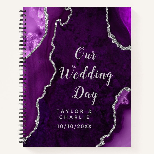 Purple and Silver Agate Marble Wedding Notebook (Front)