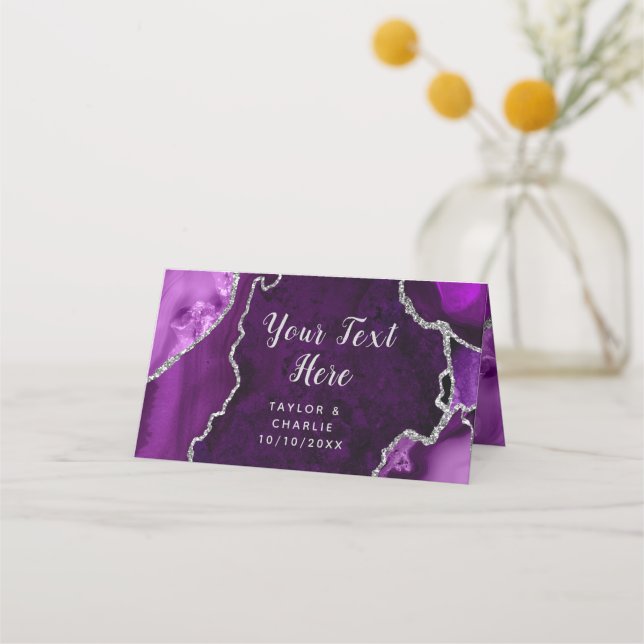 Purple and Silver Agate Marble Wedding Place Card (Back)