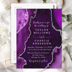 Purple and Silver Agate Marble Wedding Postcard