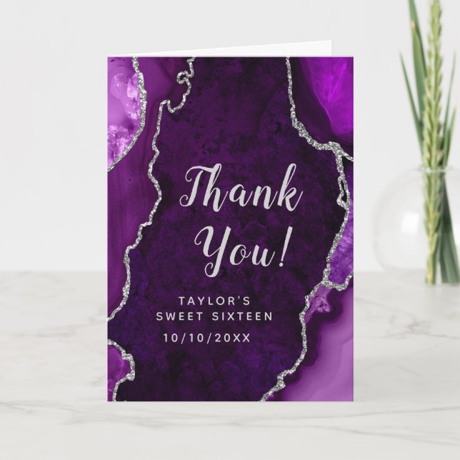 Purple and Silver Agate Sweet Sixteen Thank You Card (Front)