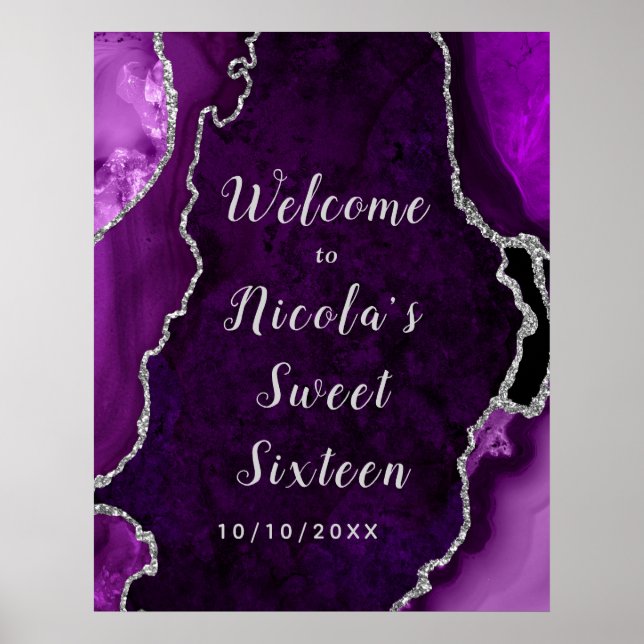 Purple and Silver Agate Sweet Sixteen Welcome Poster (Front)