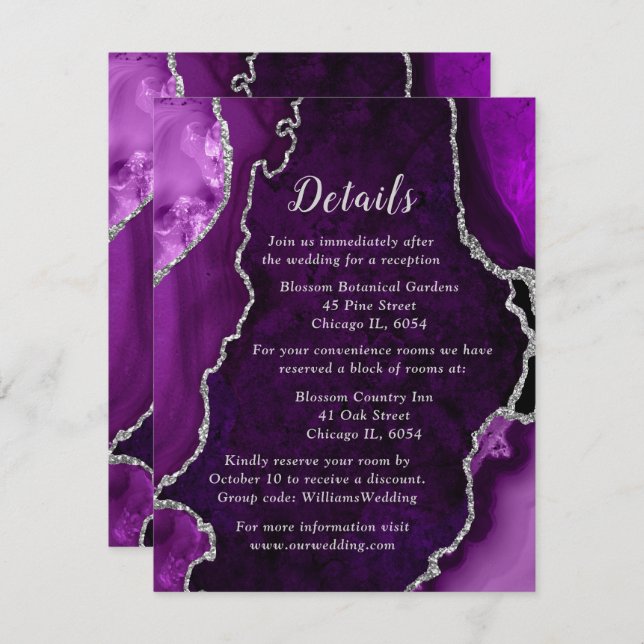 Purple and Silver Agate Wedding Details Enclosure Card (Front/Back)