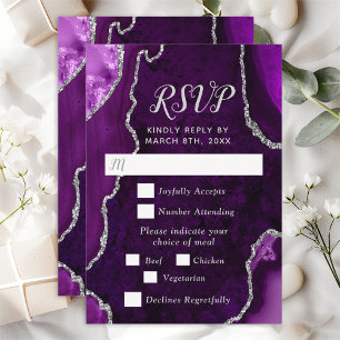 Purple and Silver Agate Wedding Meal Choice RSVP Card