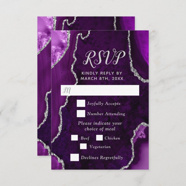 Purple and Silver Agate Wedding Meal Choice RSVP Card (Front/Back)