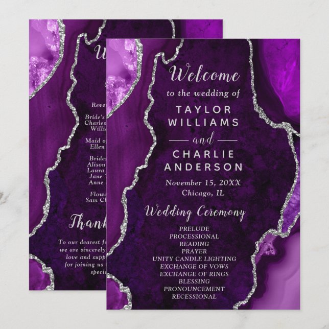 Purple and Silver Agate Wedding Program Programme (Front/Back)