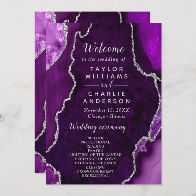 Purple and Silver Agate Wedding Program Programme (Front/Back)