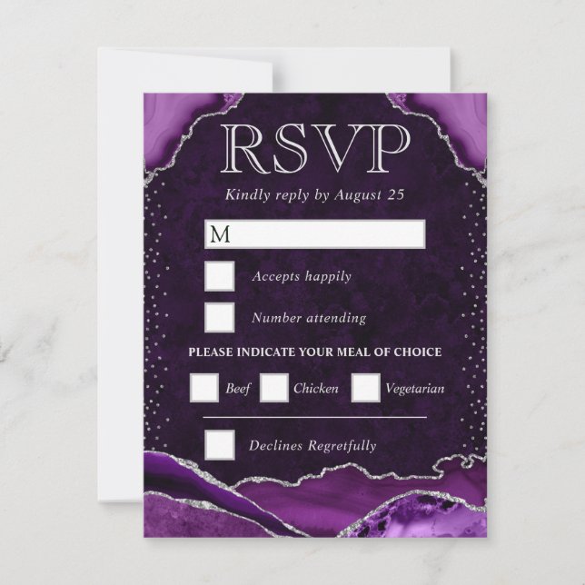 Purple and Silver Agate Wedding RSVP Card (Front)