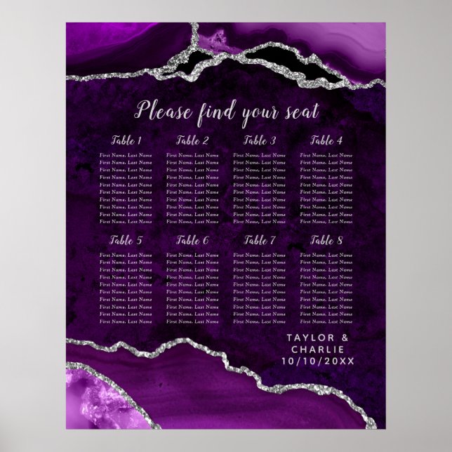 Purple and Silver Agate Wedding Seating Chart (Front)