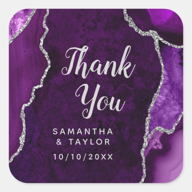 Purple and Silver Agate Wedding Thank You Square Sticker (Front)