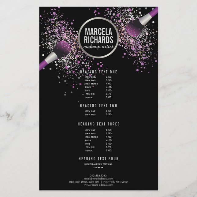 Purple and Silver Blush Confetti Makeup Artist Flyer (Front)