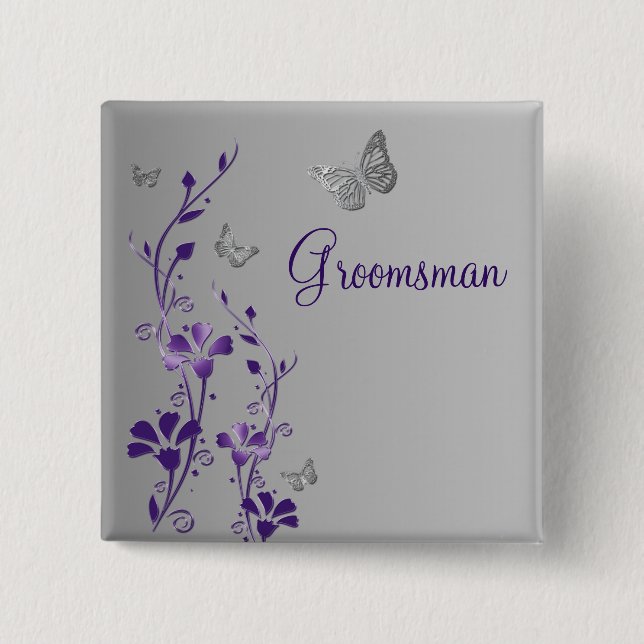 Purple and Silver Butterfly Floral Groomsman Pin (Front)