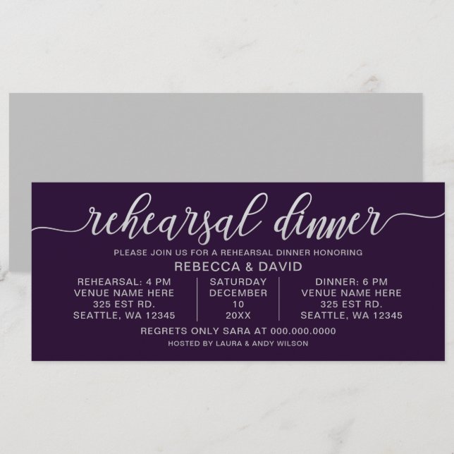 purple and silver Calligraphy Rehearsal Dinner Invitation (Front/Back)