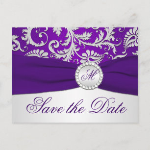 Purple and Silver Damask Save the Date Card