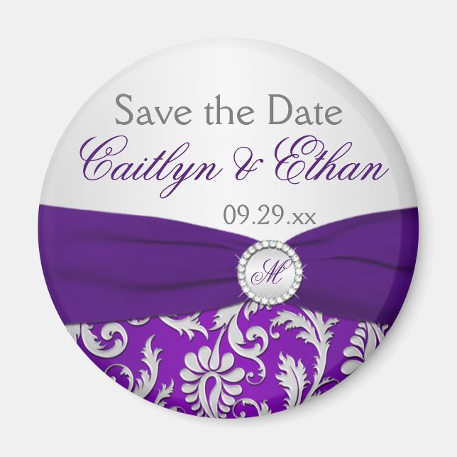 Purple and Silver Damask Save the Date Magnet (Front)