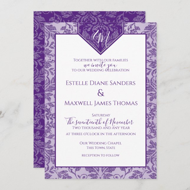 Purple and Silver Damask Shield Banner Monogram Invitation (Front/Back)