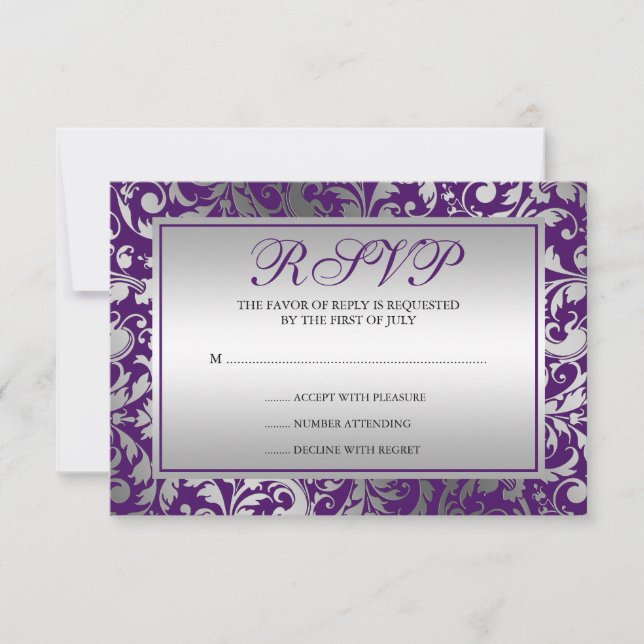 Purple and Silver Damask Swirls Response Card (Front)