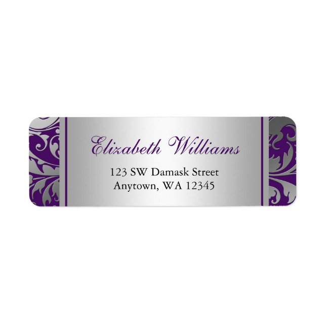 Purple and Silver Damask Swirls Return Address (Front)