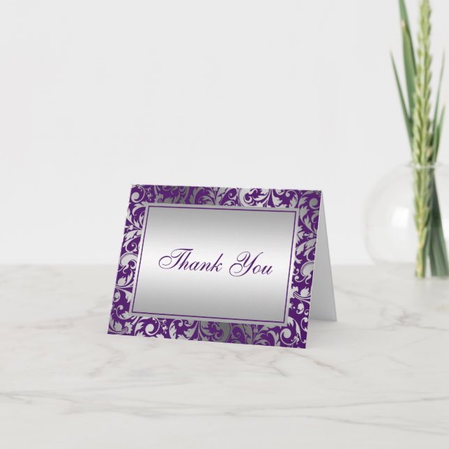 Purple and Silver Damask Swirls Thank You (Front)