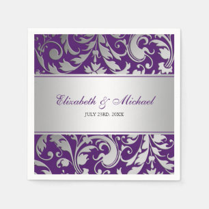 Purple and Silver Damask Swirls Wedding Napkin