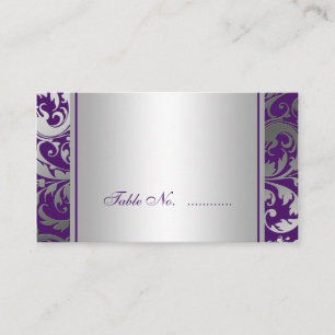 Purple and Silver Damask Swirls Wedding Place Card