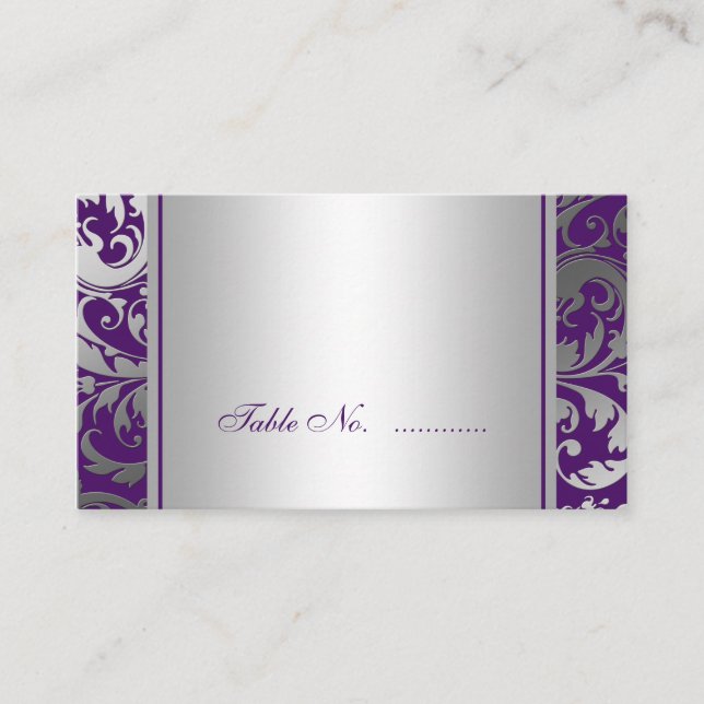 Purple and Silver Damask Swirls Wedding Place Card (Front)