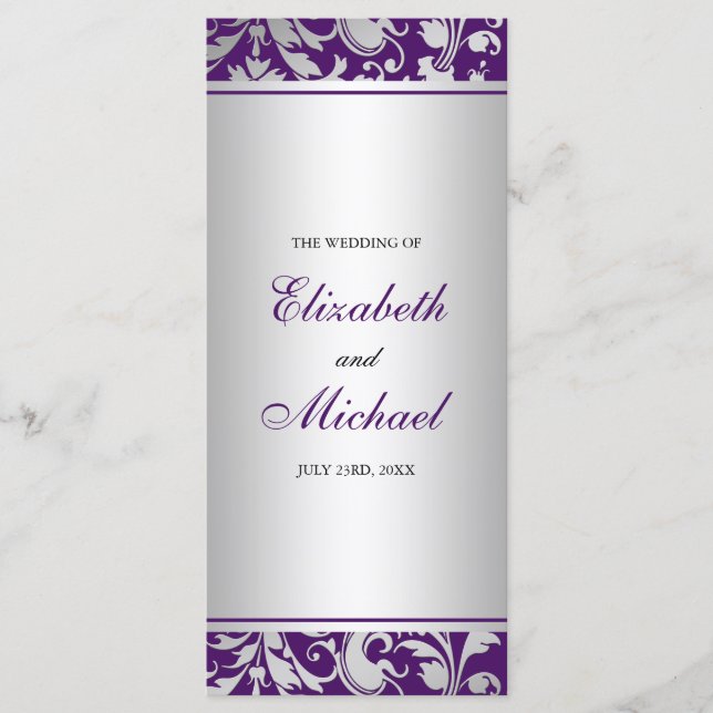 Purple and Silver Damask Swirls Wedding Program Programme (Front)