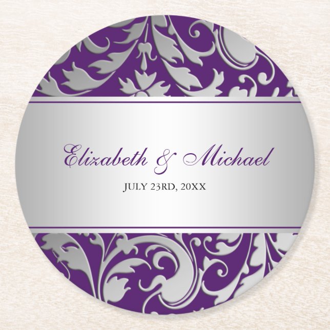 Purple and Silver Damask Swirls Wedding Round Paper Coaster (Front)