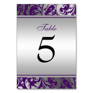 Purple and Silver Damask Swirls Wedding Table Number