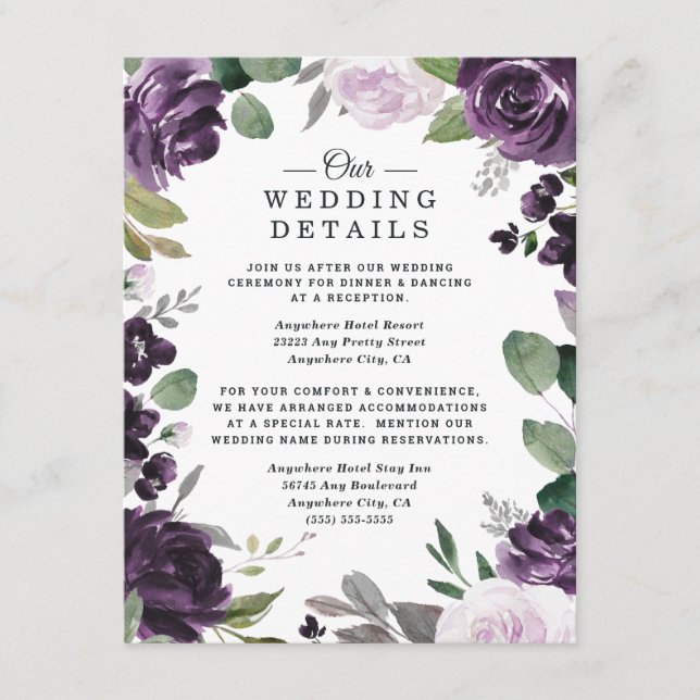 Purple and Silver Elegant Floral White Wedding Enclosure Card (Front)