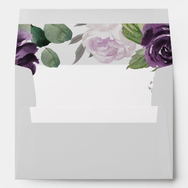 Purple and Silver Elegant Floral White Wedding Envelope (Back (Bottom))