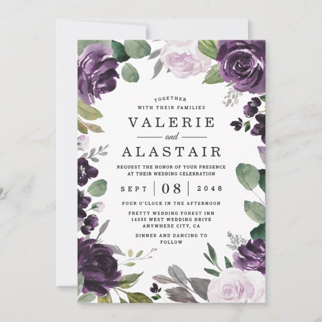 Purple and Silver Elegant Floral White Wedding Invitation (Front)