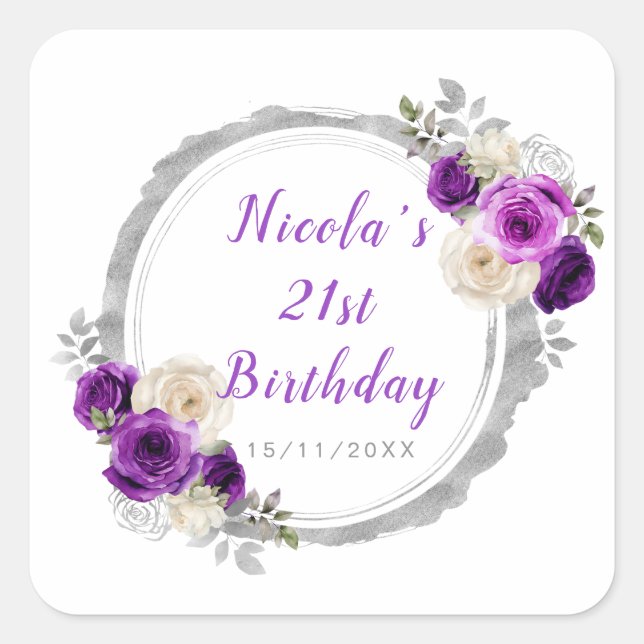 Purple and Silver  Elegant Flower Birthday Party Square Sticker (Front)