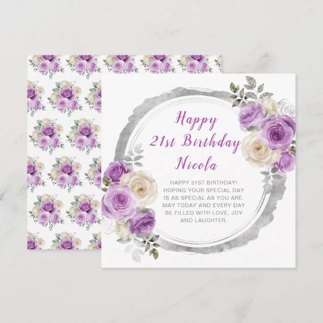 Purple and Silver Elegant Flowers Birthday Card (Front/Back)