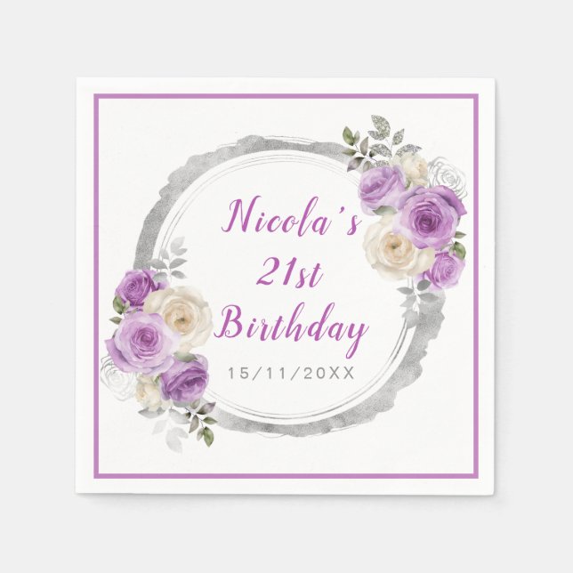 Purple and Silver Elegant Flowers Birthday Napkin (Front)