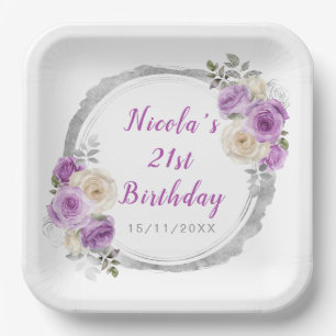 Purple and Silver Elegant Flowers Birthday Paper Plate