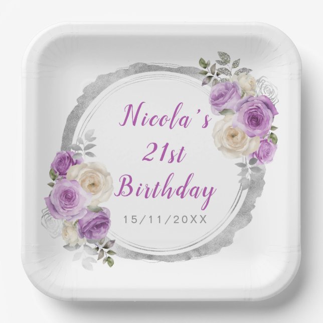 Purple and Silver Elegant Flowers Birthday Paper Plate (Front)