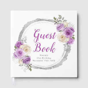 Purple and Silver Elegant Flowers Birthday Party Guest Book