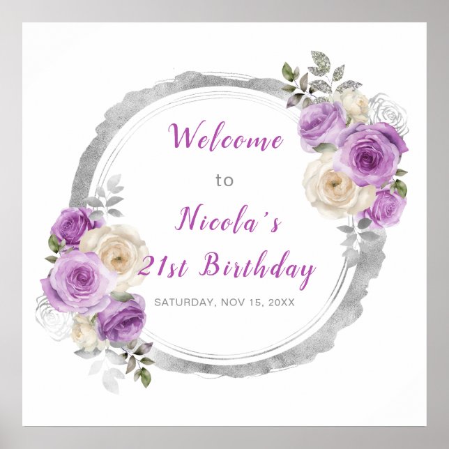 Purple and Silver Elegant Flowers Birthday Poster (Front)