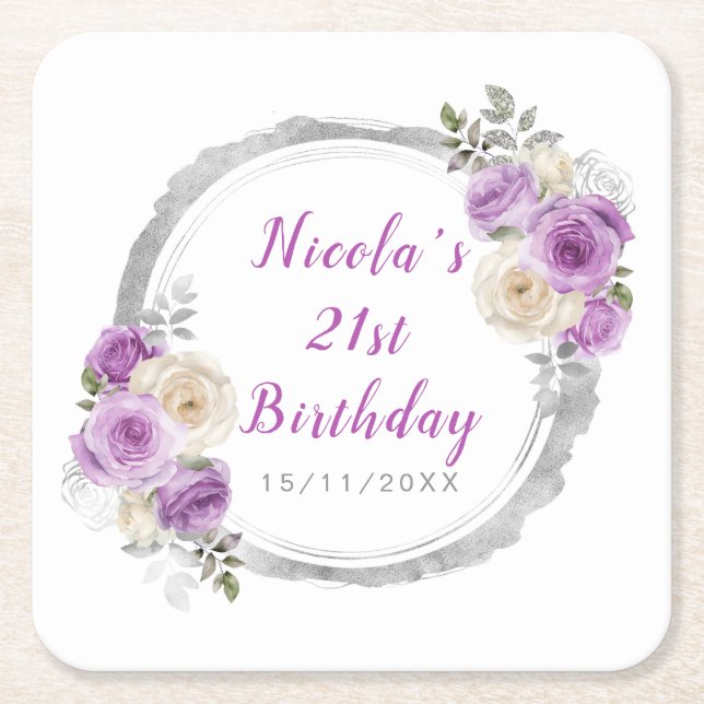Purple and Silver Elegant Flowers Birthday Square Paper Coaster (Front)