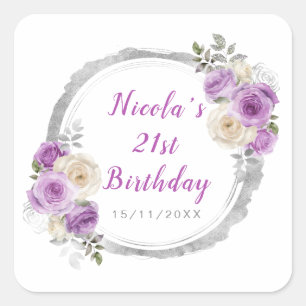 Purple and Silver Elegant Flowers Birthday Square Sticker