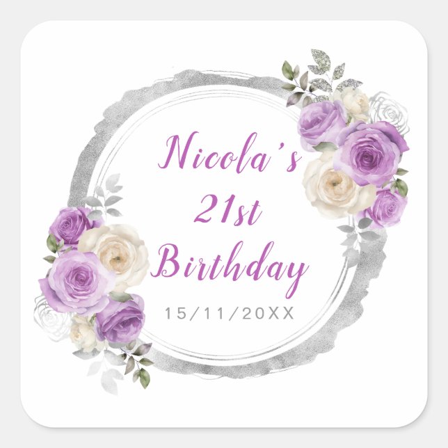 Purple and Silver Elegant Flowers Birthday Square Sticker (Front)