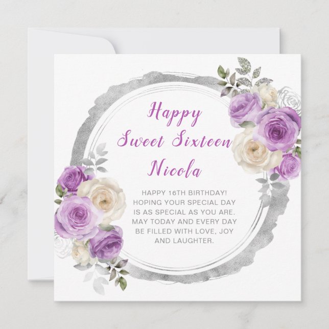 Purple and Silver Elegant Flowers Sweet Sixteen Card (Front)