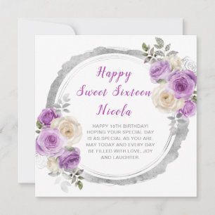 Purple and Silver Elegant Flowers Sweet Sixteen Card