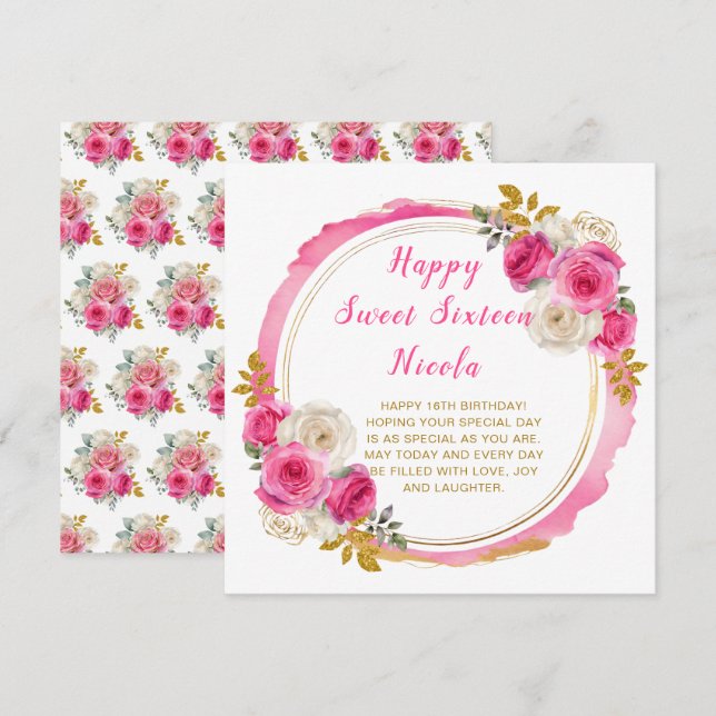 Purple and Silver Elegant Flowers Sweet Sixteen Card (Front/Back)
