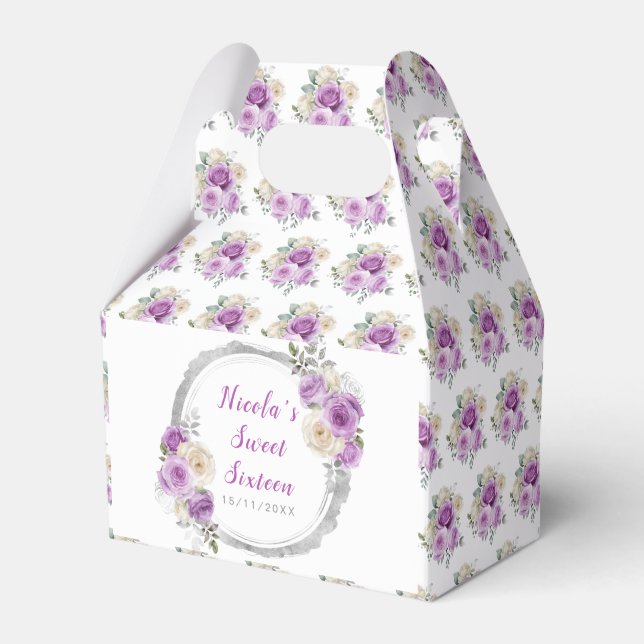 Purple and Silver Elegant Flowers Sweet Sixteen Favour Box (Front Side)
