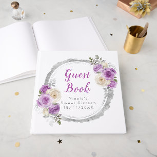 Purple and Silver Elegant Flowers Sweet Sixteen Guest Book