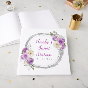 Purple and Silver Elegant Flowers Sweet Sixteen Guest Book