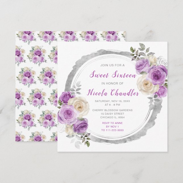 Purple and Silver Elegant Flowers Sweet Sixteen Invitation (Front/Back)