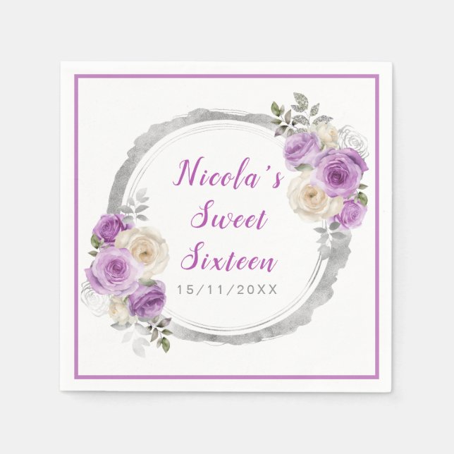 Purple and Silver Elegant Flowers Sweet Sixteen Napkin (Front)